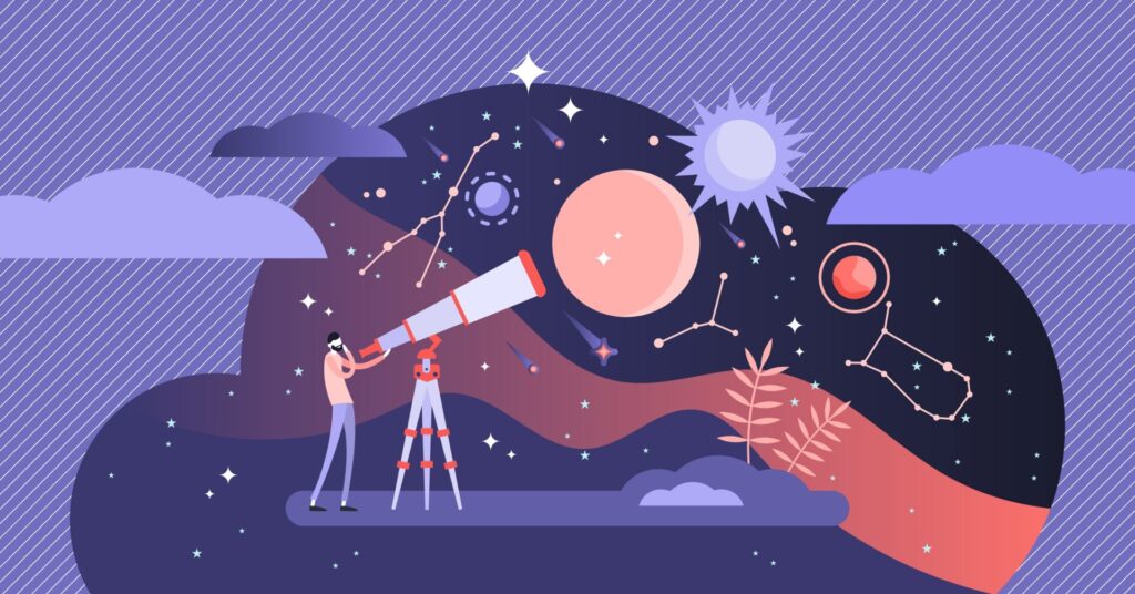 展望鏡で宇宙を覗く男